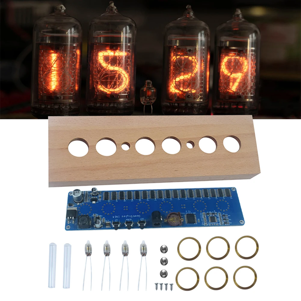 IN14 świecący zestaw montażowy zegarowy DC12V 1A bukowa powłoka z drewna IN14 Nixie Tube cyfrowy zegar LED elektroniczny zestaw do majsterkowania do