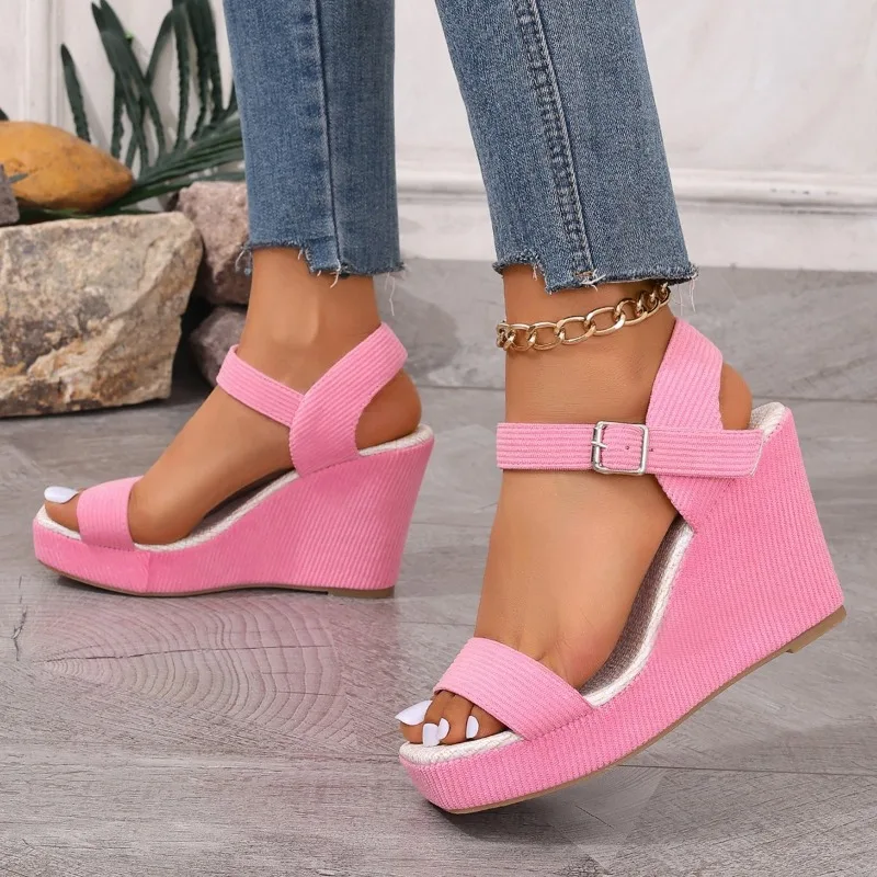 Platform Wedge Sandals Solid Color Round Headed Square Buckle Design Comfortable and Elegant High-heeled Sandals