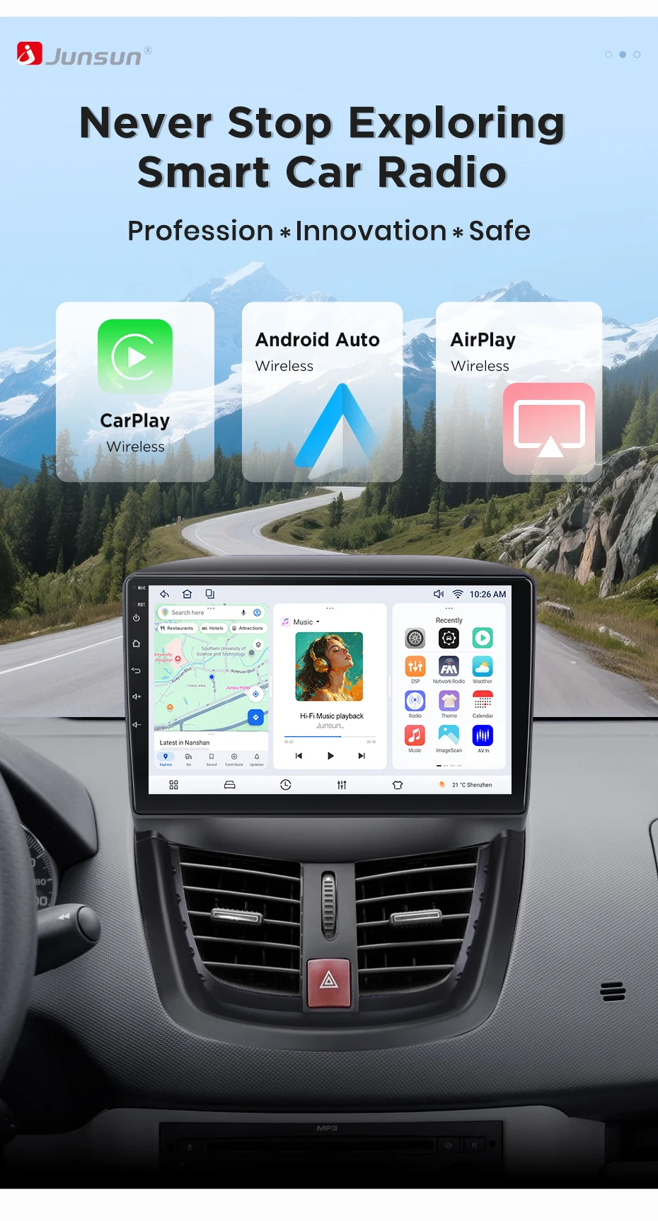 Junsun Wireless CarPlay Android Auto Autoradio für Peugeot 207 CC 2006-2015 Auto-Intelligentes System DSP SWC RDS GPS FM BT – Detail 1