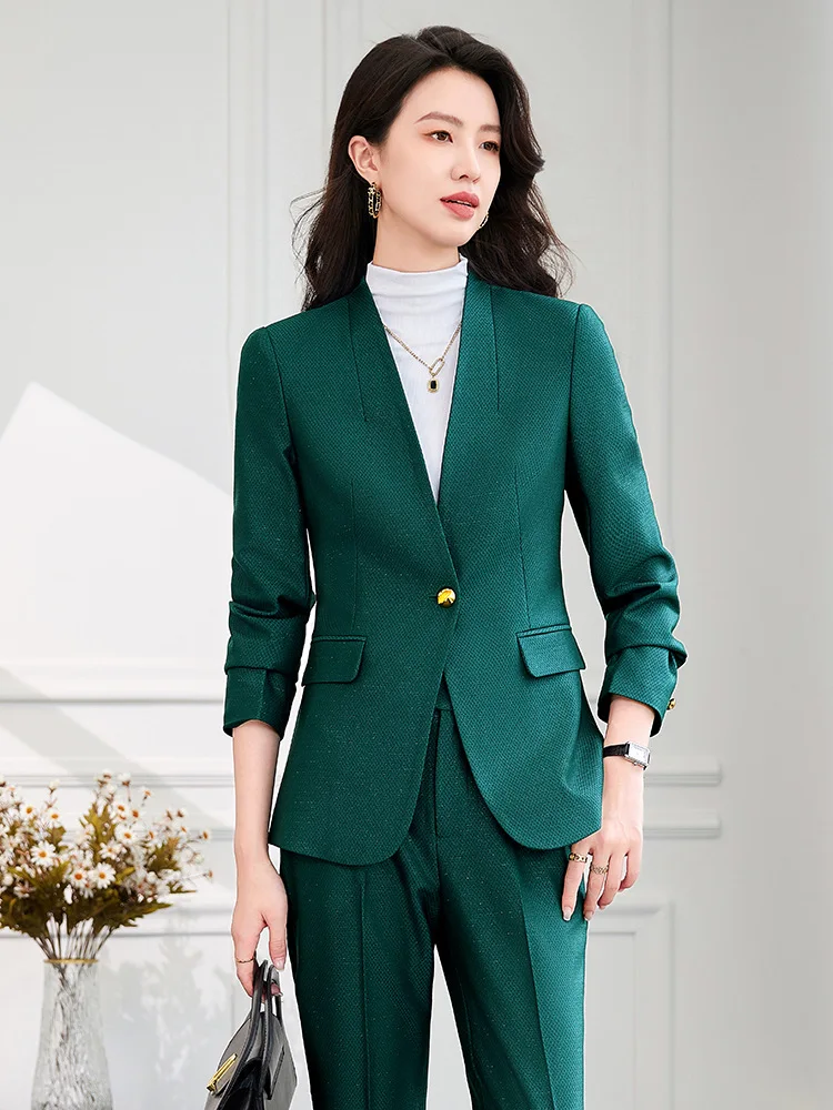 Ensemble Deux Pièces pour Femme, Couleur Unie, Tenue de Bureau Décontractée, Col en V, Blazer à Bouton Unique, Pantalon Crayon, 2024