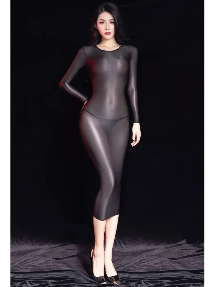 

Glossy Shiny Long Sleeve Vestido Transparent Dress Tights Midi Dresses Hot Sexy Clubwear Lingerie Bodystocking Fantay Babydoll