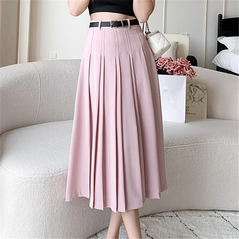 Seoulish Vintage Women\'s Pleated Long Skirts Autumn 2024 New Elegant Solid Color High Waist Casual Office Lady Skirts Female