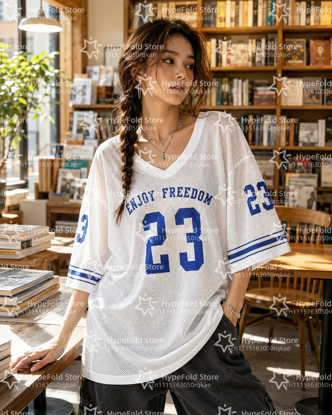 2026 Summer Orange Enjoy Freedom 23 Print T-Shirt For Women V-Neck Short Sleeve Sports Football Jersey Y2K Loose Oversized Tops