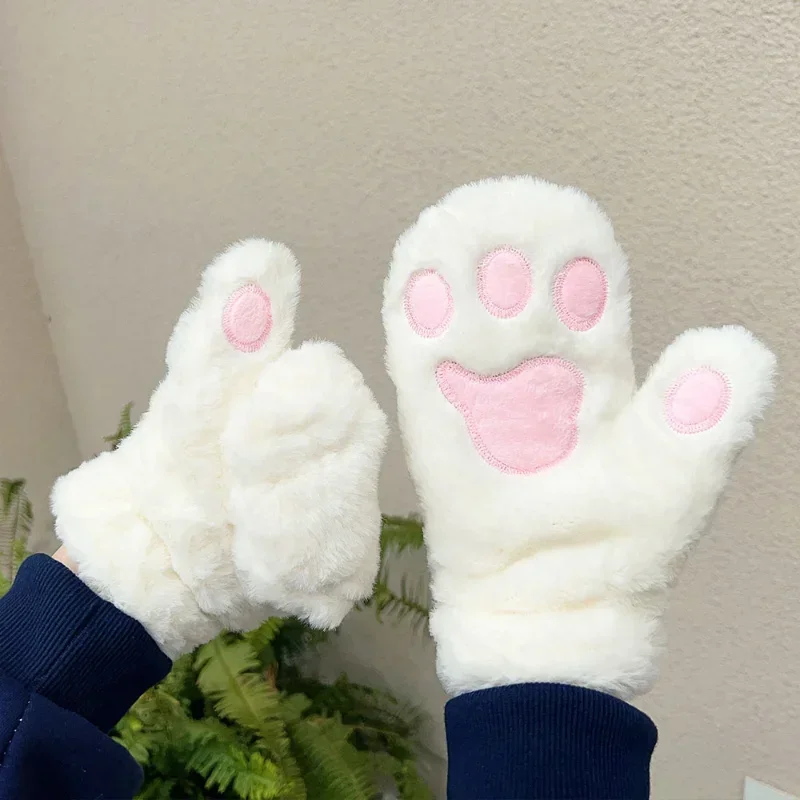 Cute Women Cat Gloves Fashion Girls Cat Claw Paw Plush Mittens Warm Soft Plush Short Fingerless Full Finger Winter Gloves Gifts