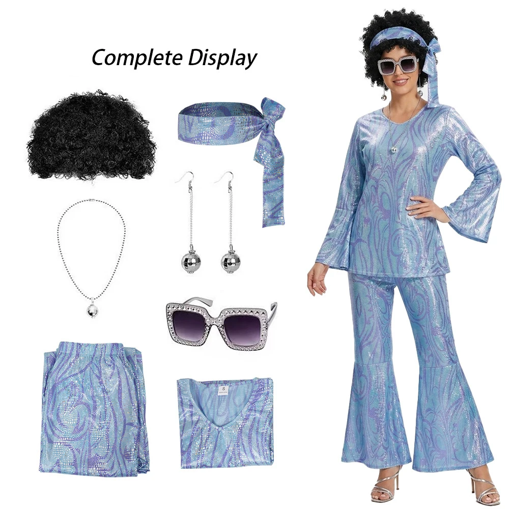 Ladies' Halloween disco party 70s disco costume set including top pants sunglasses necklace earrings and wig role-playing view 3