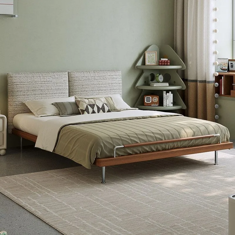 Small double bed pewter new wood no bedside simple backrest flush bed