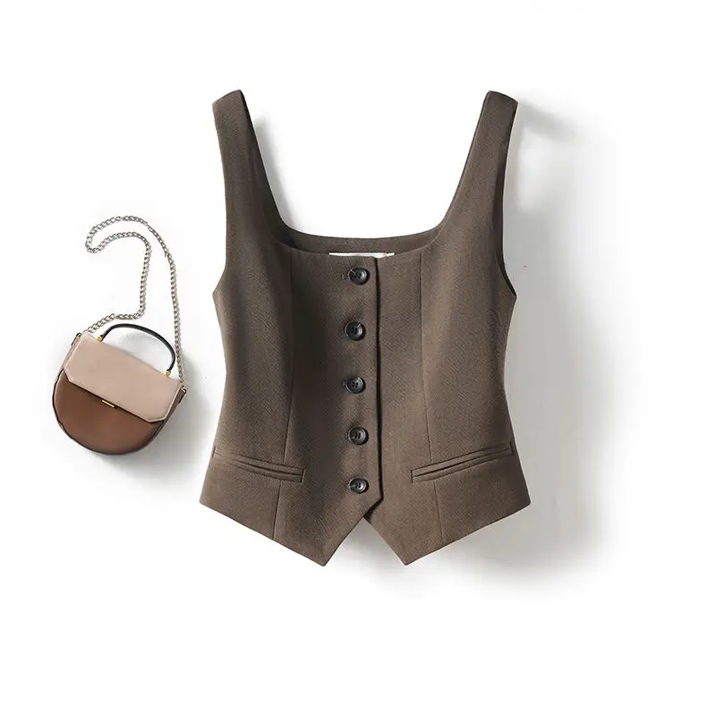 여성을위한 패션 민소매 조끼 여성 세련된 스퀘어 넥 싱글 브레스트 여름 조끼 탑 숙녀 캐주얼 양복 조끼 새 코트