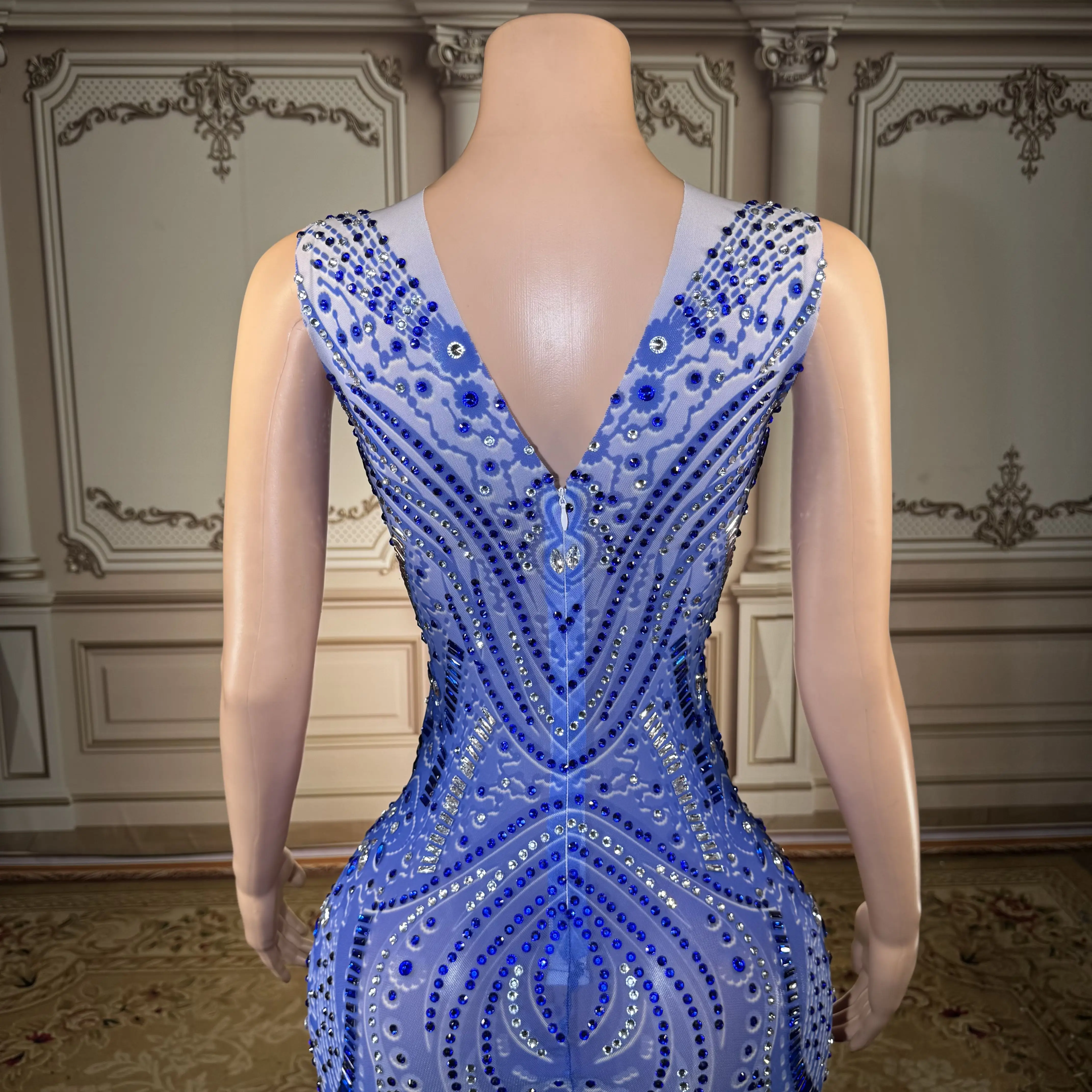 ZD Vestido de noche ajustado de cristal azul de lujo para mujer – Vestido largo de sirena con diamantes de imitación brillantes, formal elegante sin mangas