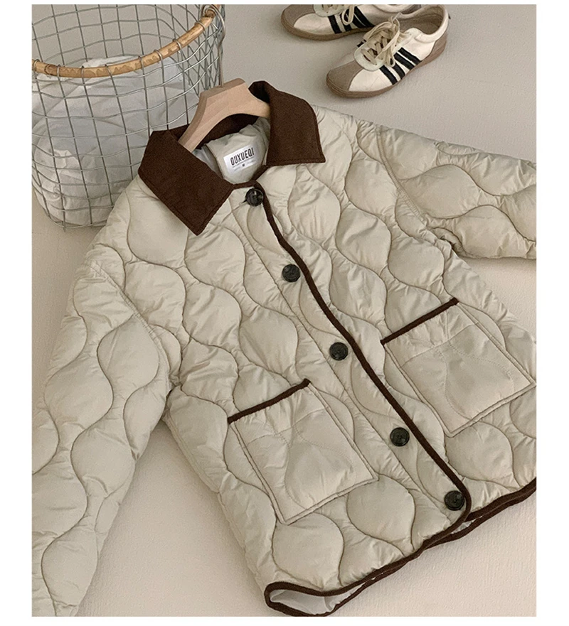 Autumn Down Cotton Padded Jacket Women's 2025 Contrast Lapel Rhombic Thin Short Loose Spring Cotton Padded Casual Coats Female