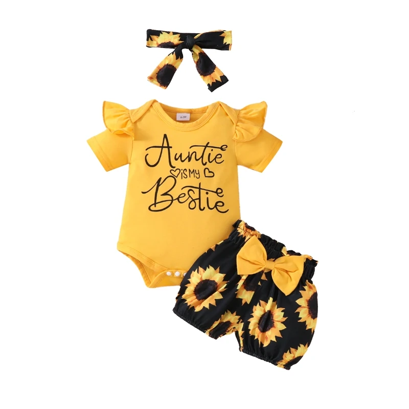 Baby Girl Letter Print Bodysuit, macacão de manga curta, shorts estampados girassol, roupas Headband, roupas de verão, 3 peças