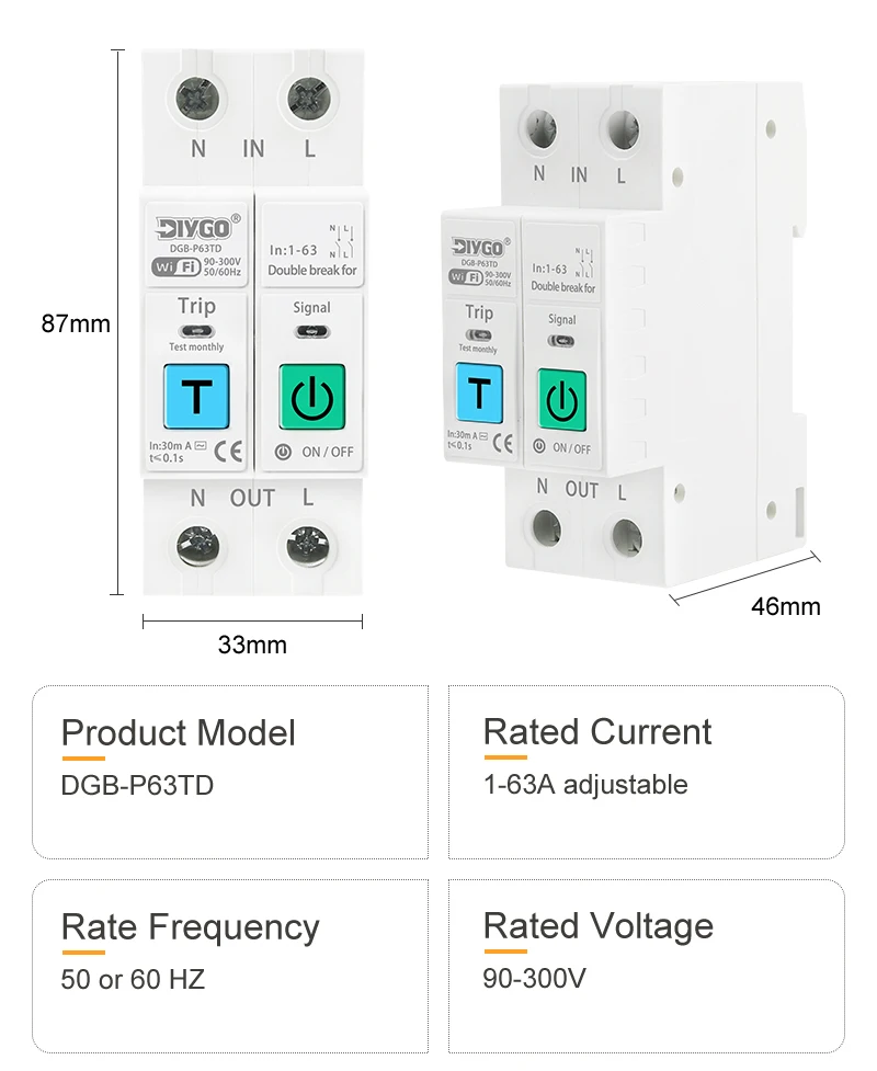 DIY GO TUYA 2P Leistungsschalter WIFI Smart Switch 1-63A Energiezähler Spannungs- und Stromüberwachung Leckageschutz Relais-Abschaltung L+N – Detail 11
