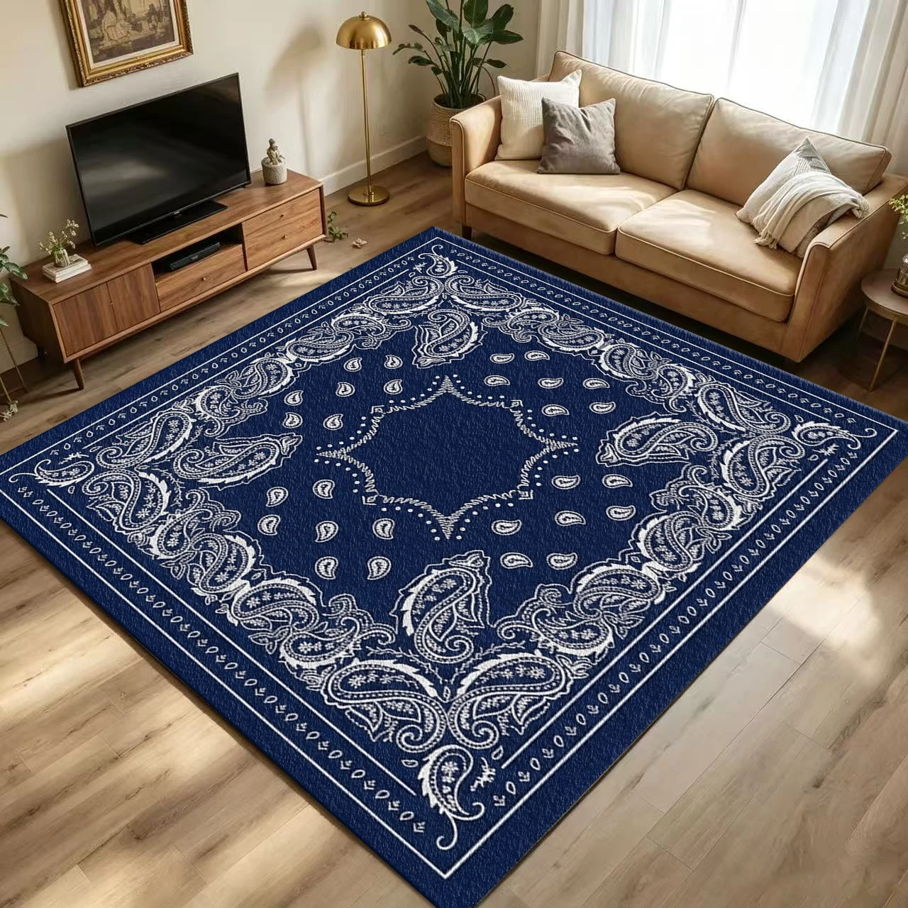 Navy Blue and White Paisley Patterned Rug, Non-Slip, Washable, Vintage Western Style Floor Rug