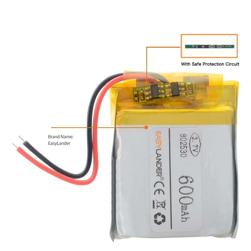 3.7V 600mAh Lithium Polymer LiPo Rechargeable Battery 802530 For Mp3 Headphone PAD DVD E-book Bluetooth Headset Recorder Camera