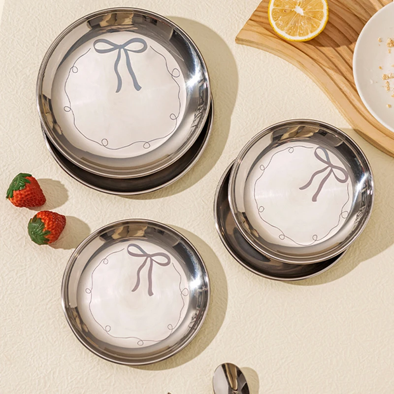 304 Stainless Steel Plate 2pcs Cute Bow Household Dishes Plate Drop-resistant Dish Disc Beautiful Dessert Plates Kitchen Tablewa