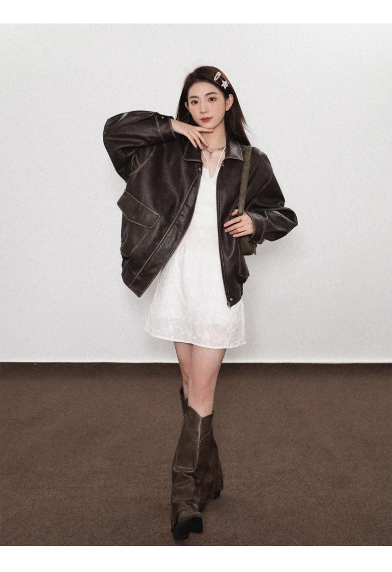 Lautaro Spring Autumn Cool Handsome Soft Vintage Distressed Brown Pu Leather Jacket Women Long Sleeve Luxury Designer Clothing