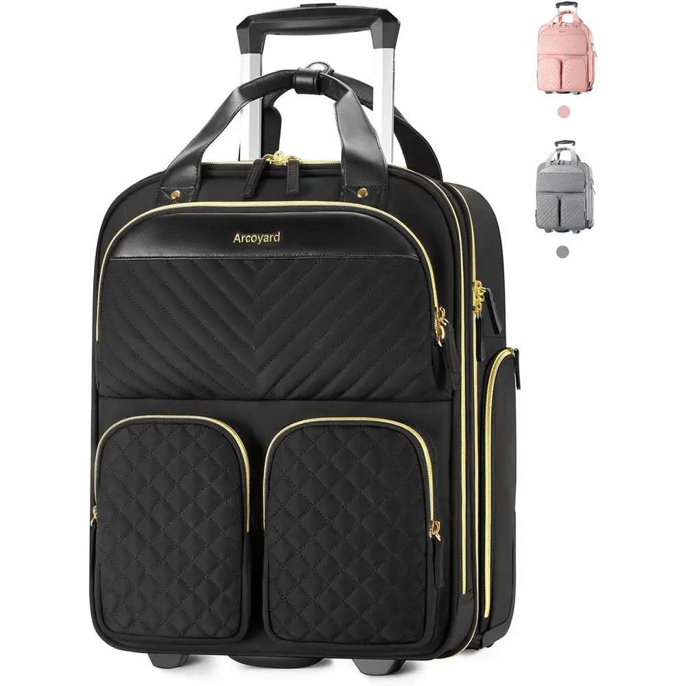

Underseat Rolling Carry-On Bag, Lightweight Airline Approved Personal Item, Leather Handle, Women's Travel Suitcase, Black Gold,