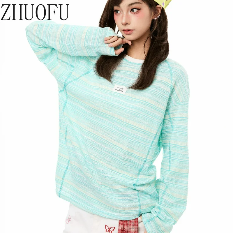 2026 New Women's Long-sleeved T-shirt Korean Design Casual Striped Splicing Loose Age-reducing Thin Commuter Sunscreen Top Girl