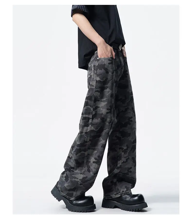 الأمريكية شارع العليا السراويل التمويه للجنسين تقسم منحني سكين السراويل الرجال الشارع نمط الجينز القوطية الرجال السراويل Y2K الملابس