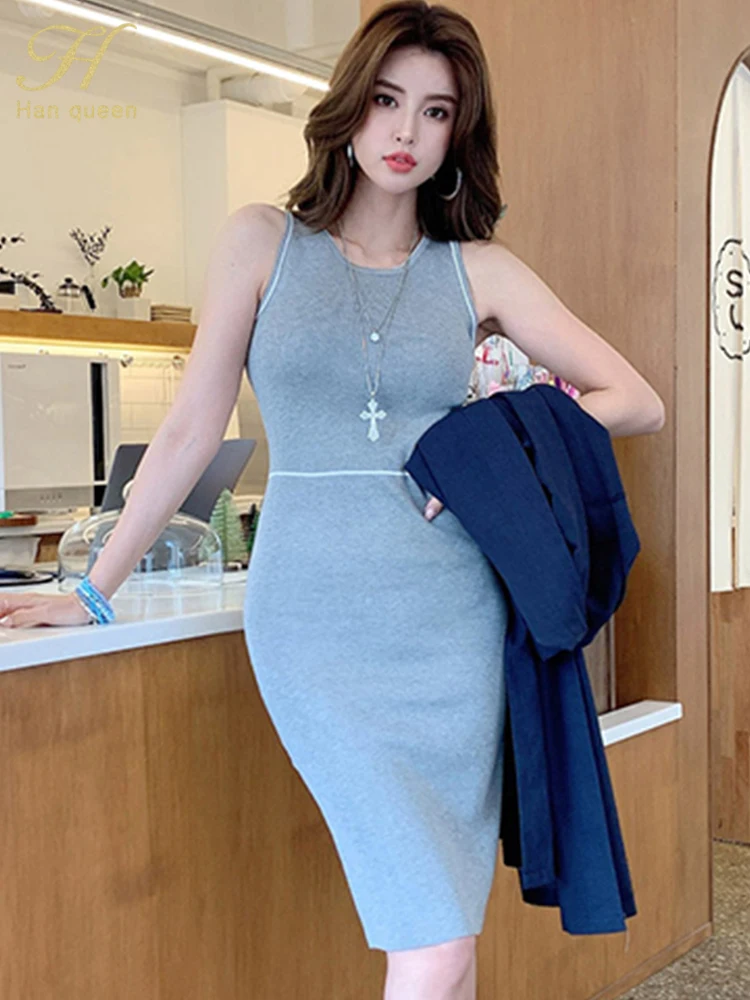 H Han Queen Simple Sleeveless Sheath Pencil Dress Women Autumn  Bottoming Bodycon Dresses Elastic Knitted Tank Pencil Vestidos