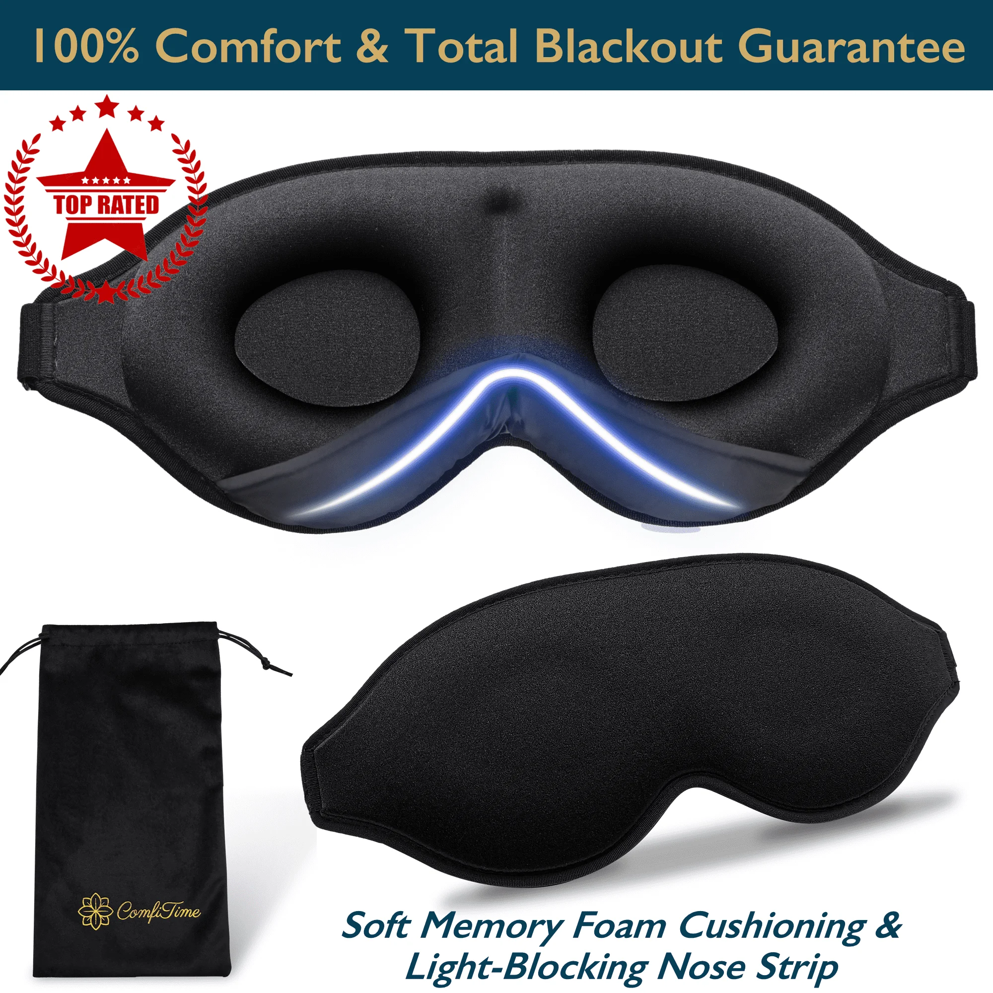 Memory Foam Sleep Mask - 100% Blackout 3D Eye Mask for Sleeping, Eye Covers for Men & Women, Contour Blindfold with Nose Baffle for Adult, Soft Travel Eye Blinders Night Mask