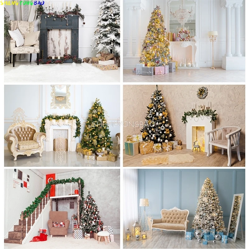 

Christmas Theme Photography Background Christmas Tree Fireplace Children Portrait Backdrops For Photo Studio Props DHY-28