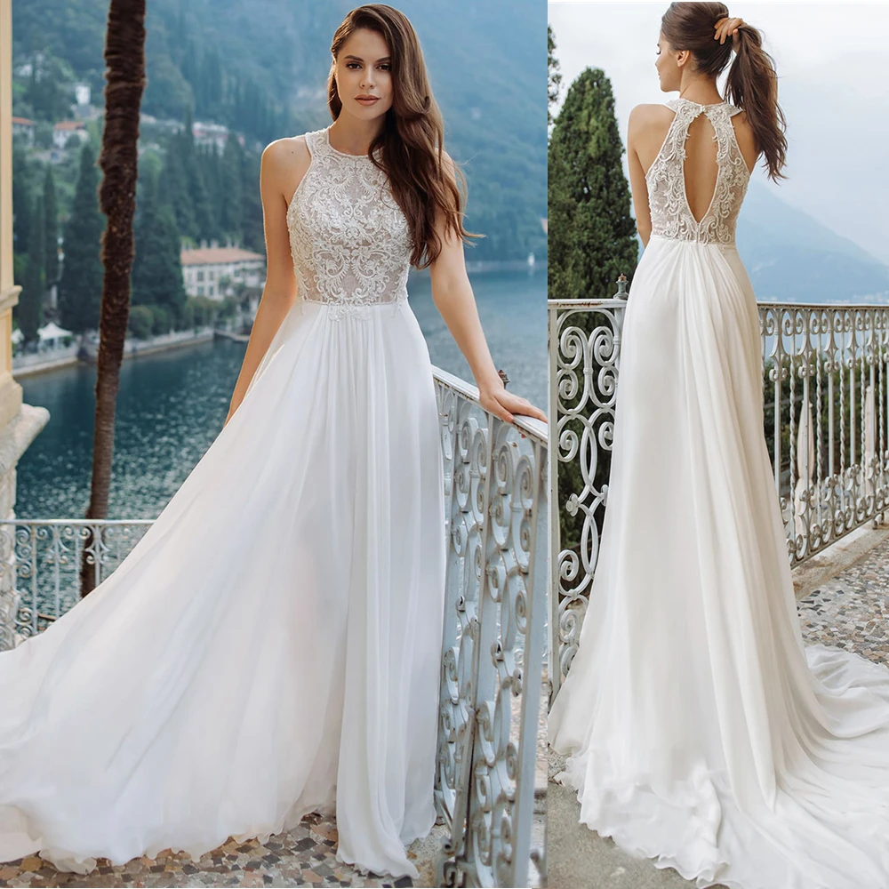 Exquisite Halter Chiffon Wedding Dresses Sleeveless Backless Long Bridal Gowns платье вечернее فساتين السهرة