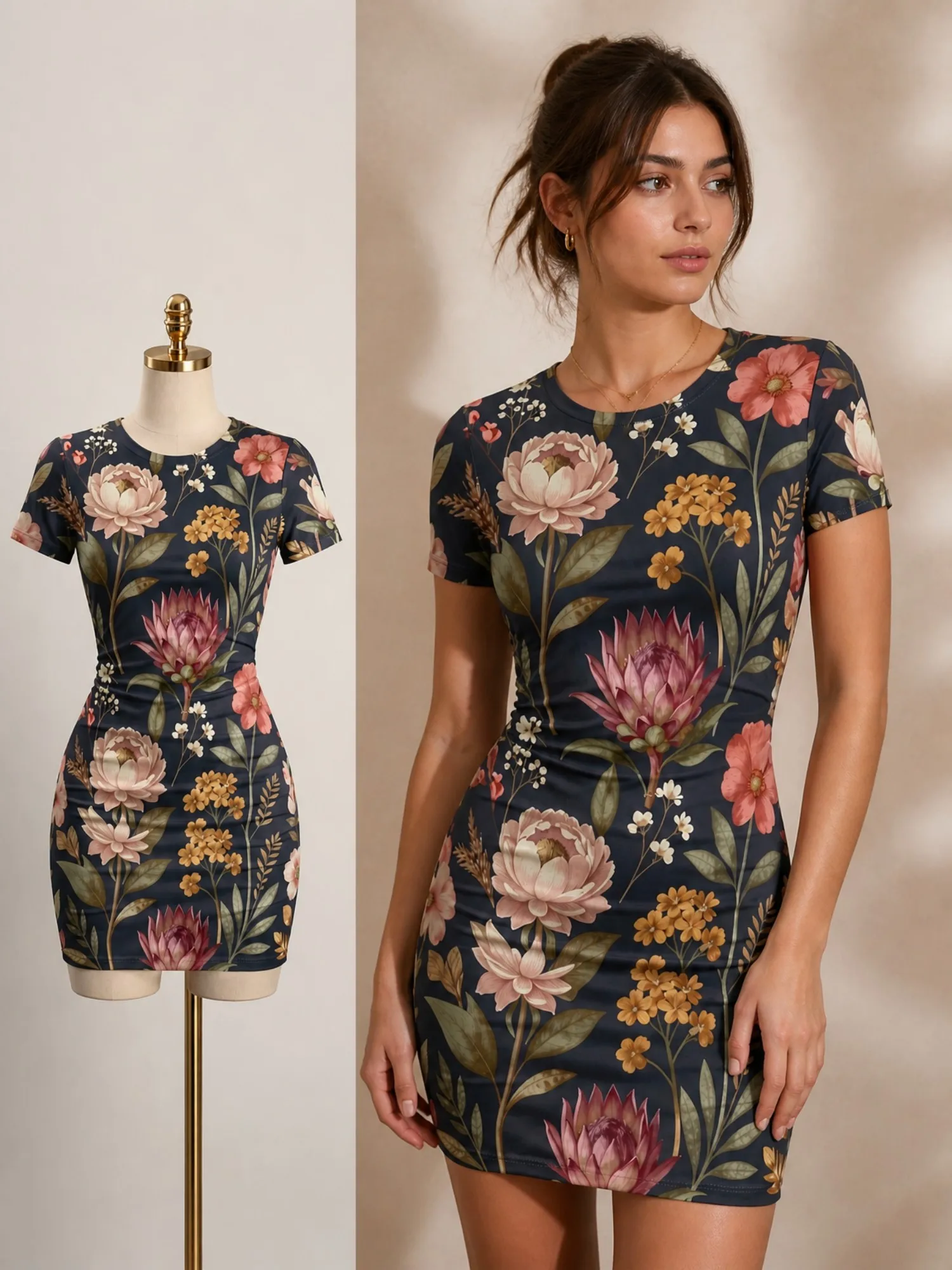 Damen Kurzarm Bodycon Minikleid, schmal geschnitten, Rundhalsausschnitt, Blumenmuster, lässig, Sommer, Party, süß, trendig, schmeichelhaftes Party-Sommerkleid – Detail 5
