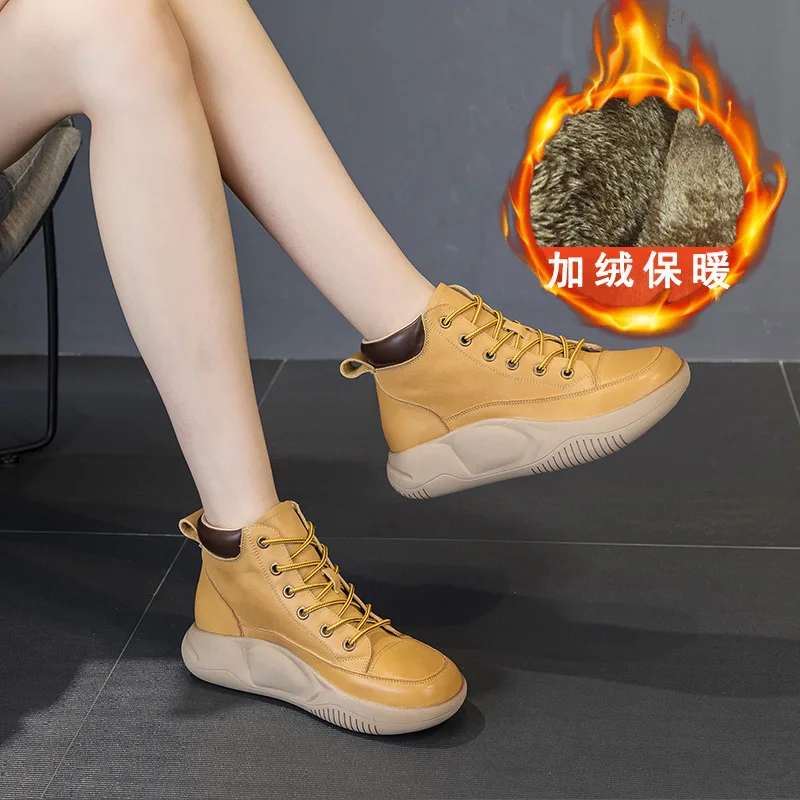 

Autumn and winter cotton shoes new high top white shoes women's top layer cowhide casual women's shoes thick sole single shoes