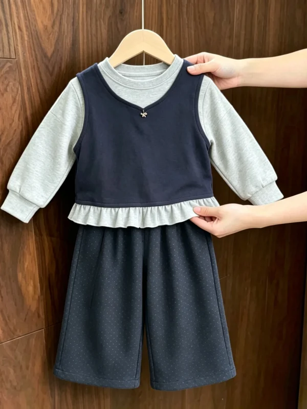 Girls Knitted Vest And Wide Leg Pants Set Wood Grain  Two Piece Suite New 2026 Autumn Collection Versatile Children Outfits