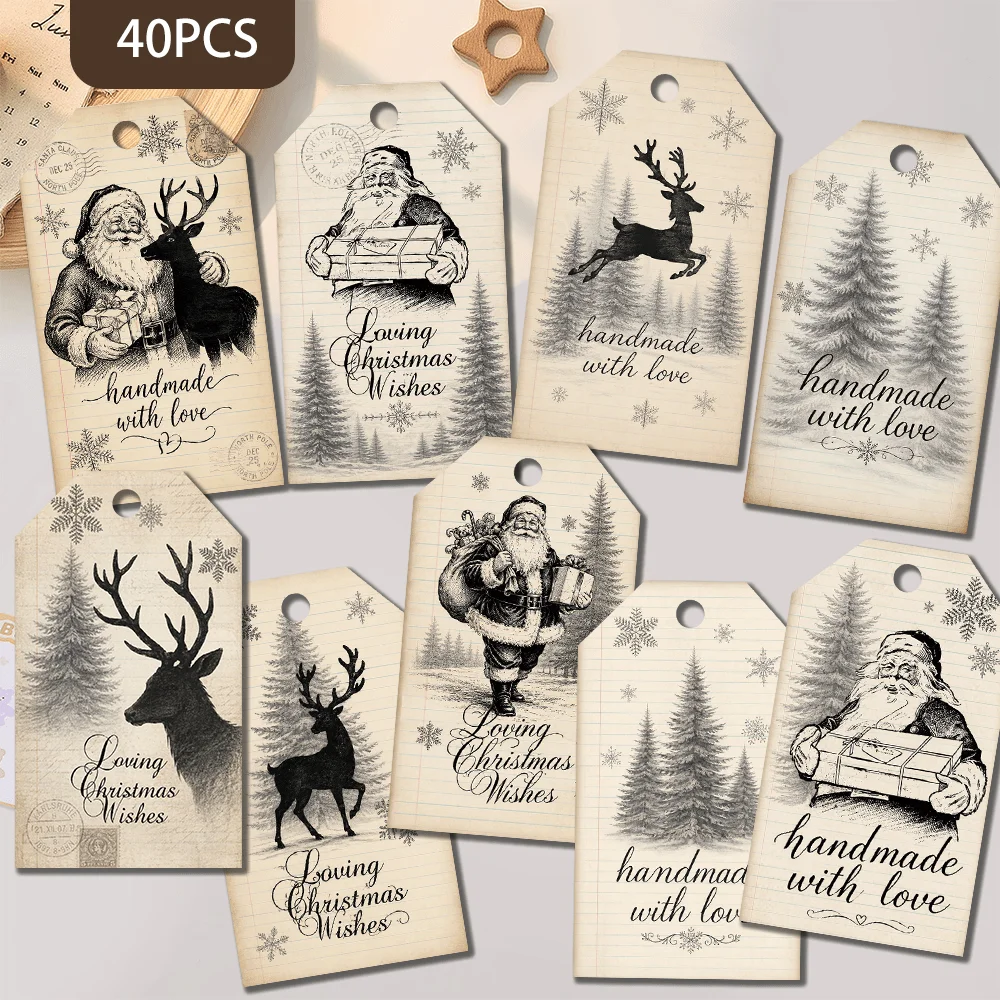 40pcs Vintage Postmark Christmas Decorative Tags, Holiday Gift Labels, Party Decorations, Handmade Packaging Accents, Jute Rope