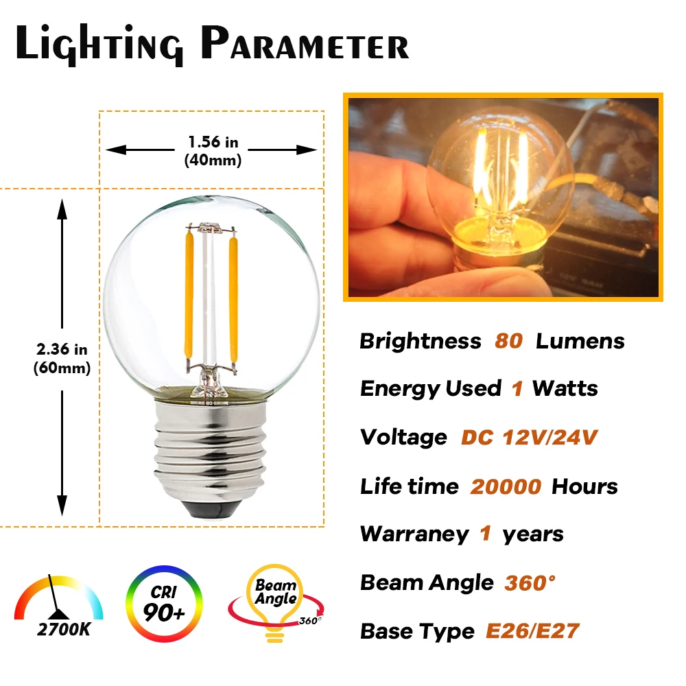 GANRILAND Retro Edison LED Filament Light Bulbs DC 12V 24V Low Voltage G40 1W E27 Warm White 2700K LED Lamp  Replace 10W Bulbs