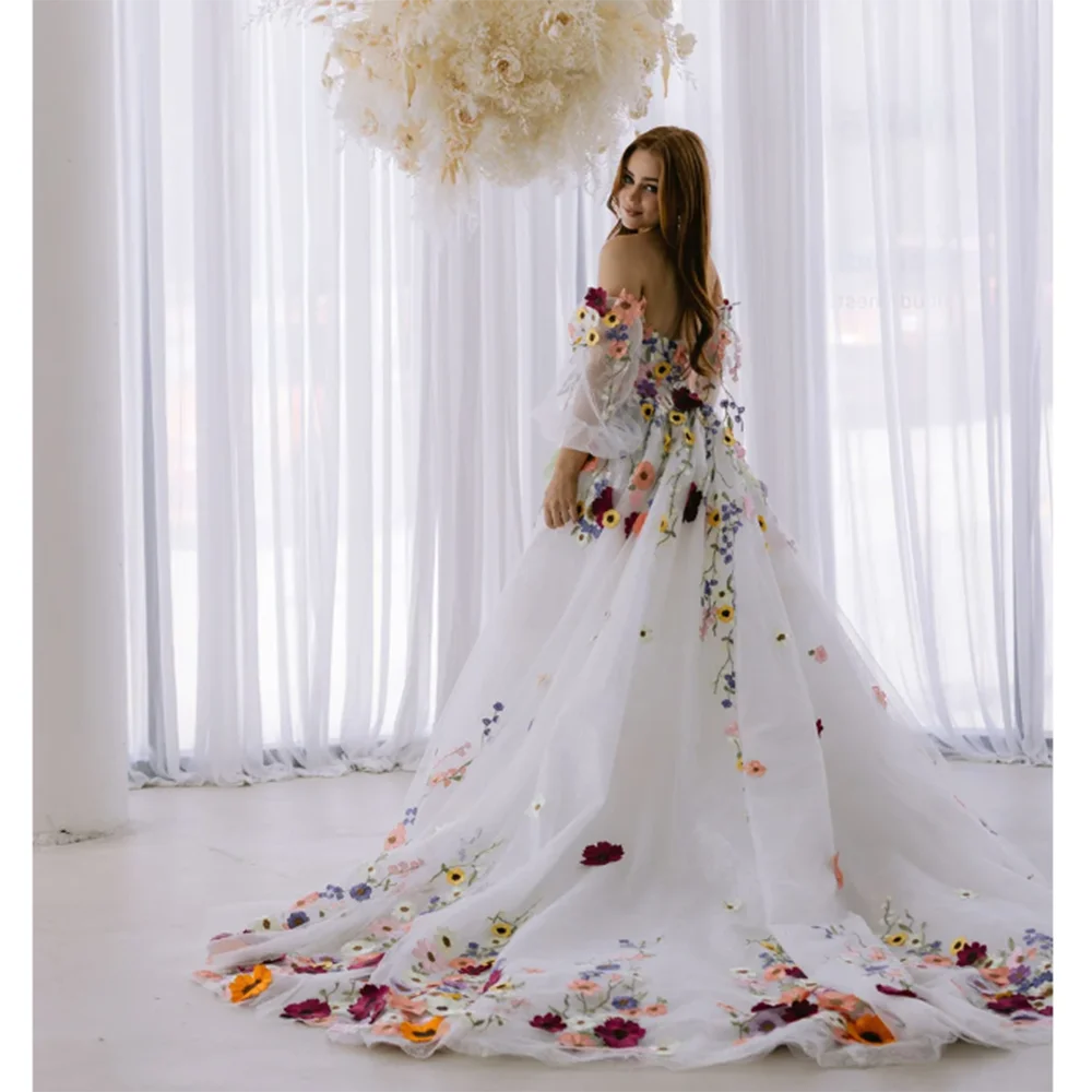 Exquisito estampado Floral tul puro Vestidos De Novia románticos sin hombros hasta el suelo Vestidos De Novia bata De Novia