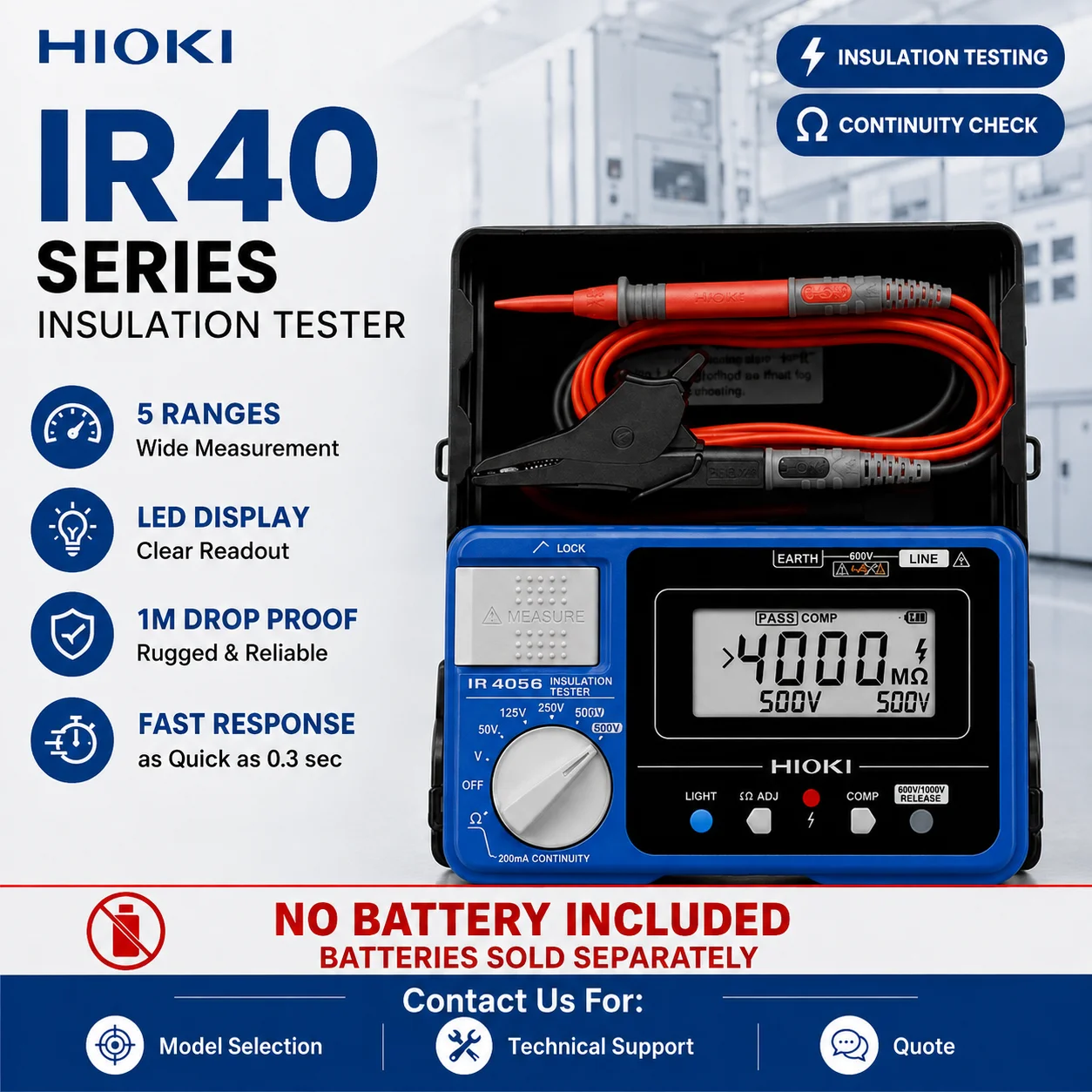 HIOKI IR4056-20 IR4057-50 Digital Insulation Resistance Tester, 1000V 4000MΩ Megohmmeter, Continuity & AC/DC Voltage Test