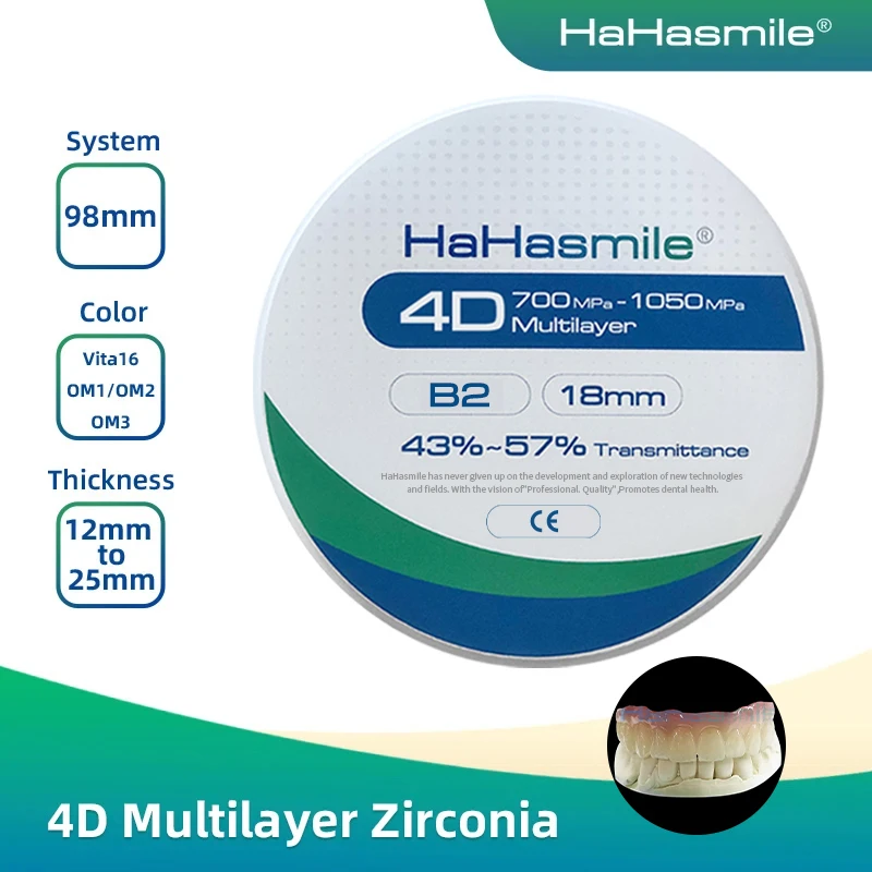 

Hahasmile Zirconia 4D-Multilayer 98-B2 From 43℃ To 57℃ Gradient For Transparency Onlay Teeth Crown Restoration Material