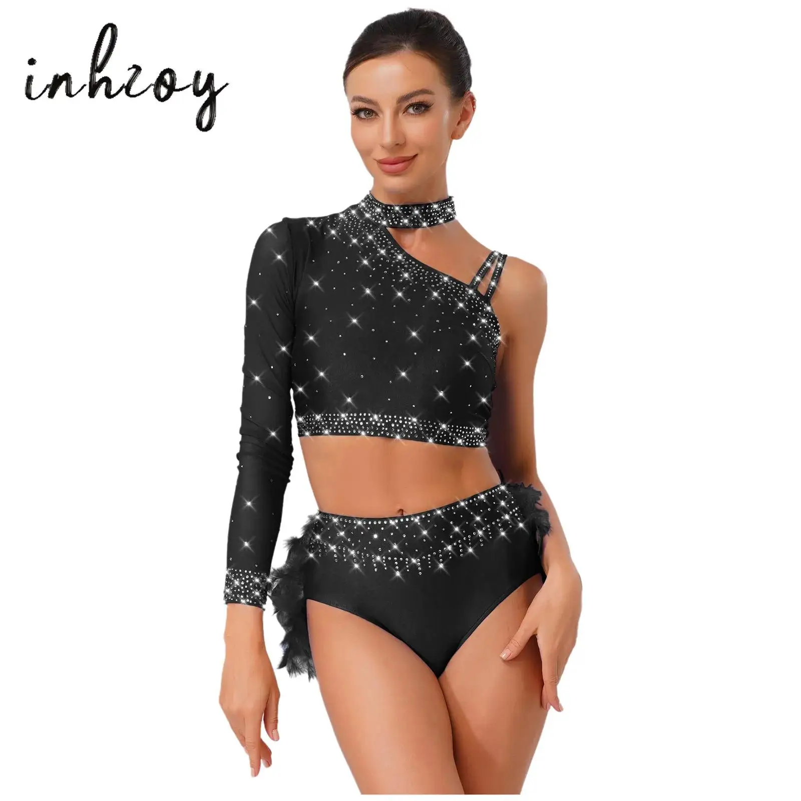 

Womens Latin Jazz Dance Outfits 2-piece One Shoulder Long Sleeve Crop Top+Feather Briefs for Belly Dance Chacha Tango Dancewear