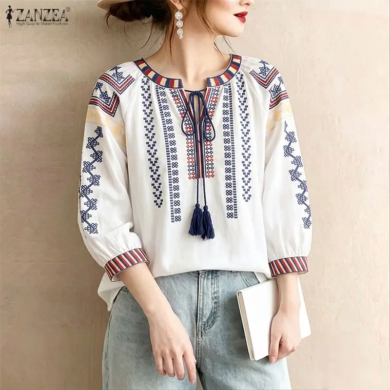 Women Bohemian Holiday Blouse ZANZEA Summer Autumn 3/4 Sleeve Printed Tops Casual Tassel Tie O Neck Loose Work Shirt Mujer Femme
