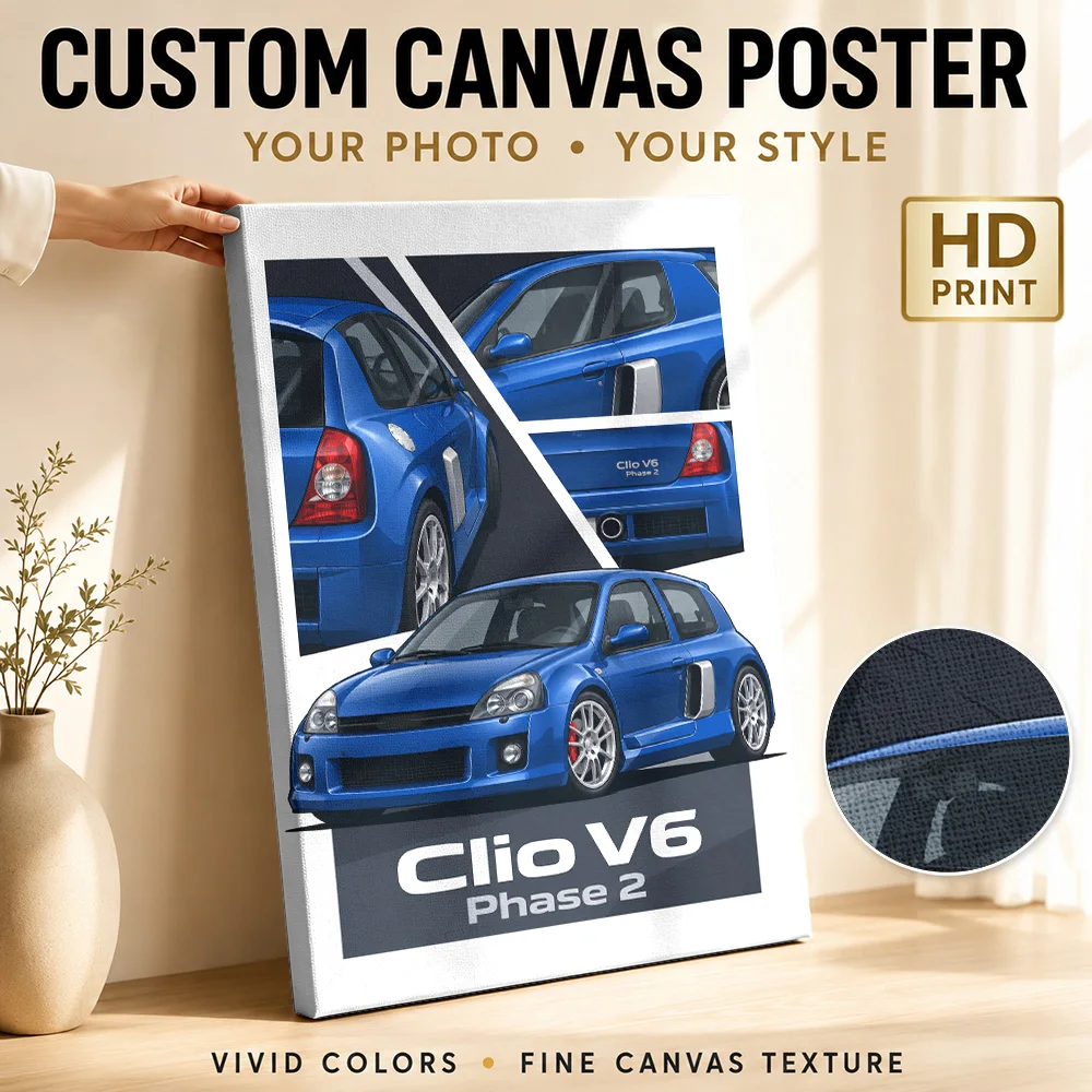 Blue French Clio V6 Phase 2 Sports Car Framed Canvas Print Personalized Photo Layered Detail Collage Wall Art For Home Study