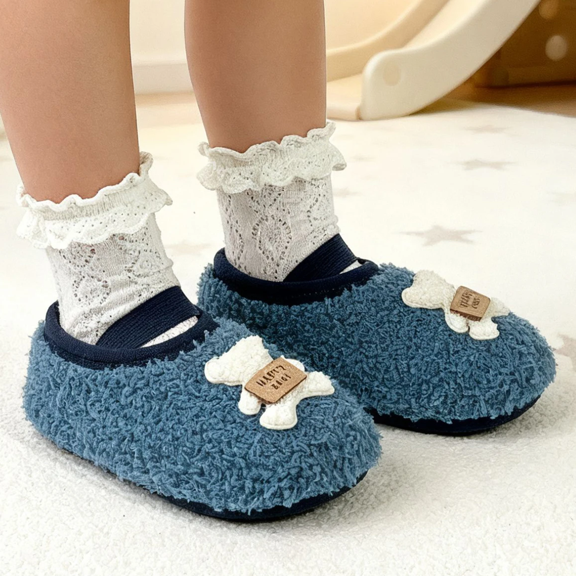 

Home baby cotton slippers, boys' teddy bear bag with warm fur, cute girls' winter children's cotton shoes