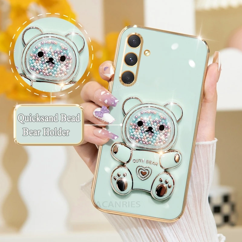 A 15 25 35 55 Cute Plating Quicksand Bear Holder Case For Samsung Galaxy A15 A25 A35 A55 A14 A24 A34 A54 5g Silicone Stand Cover