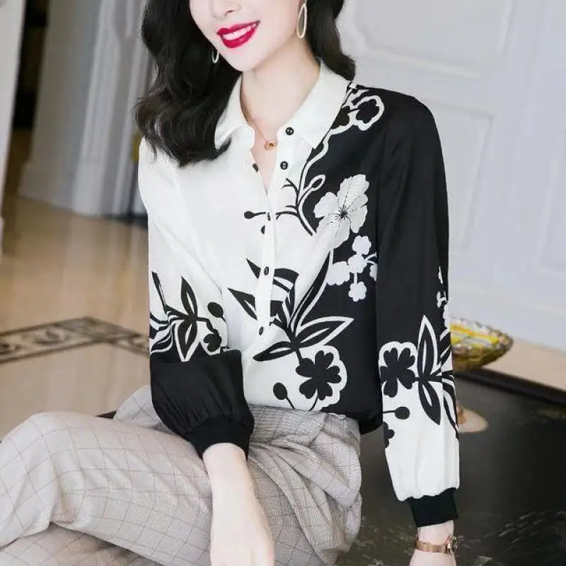 Spring New Chiffon Printing Blouse Ladies Long Sleeve Polo Neck Loose Shirt Tops Vintage Elegant Women Clothing