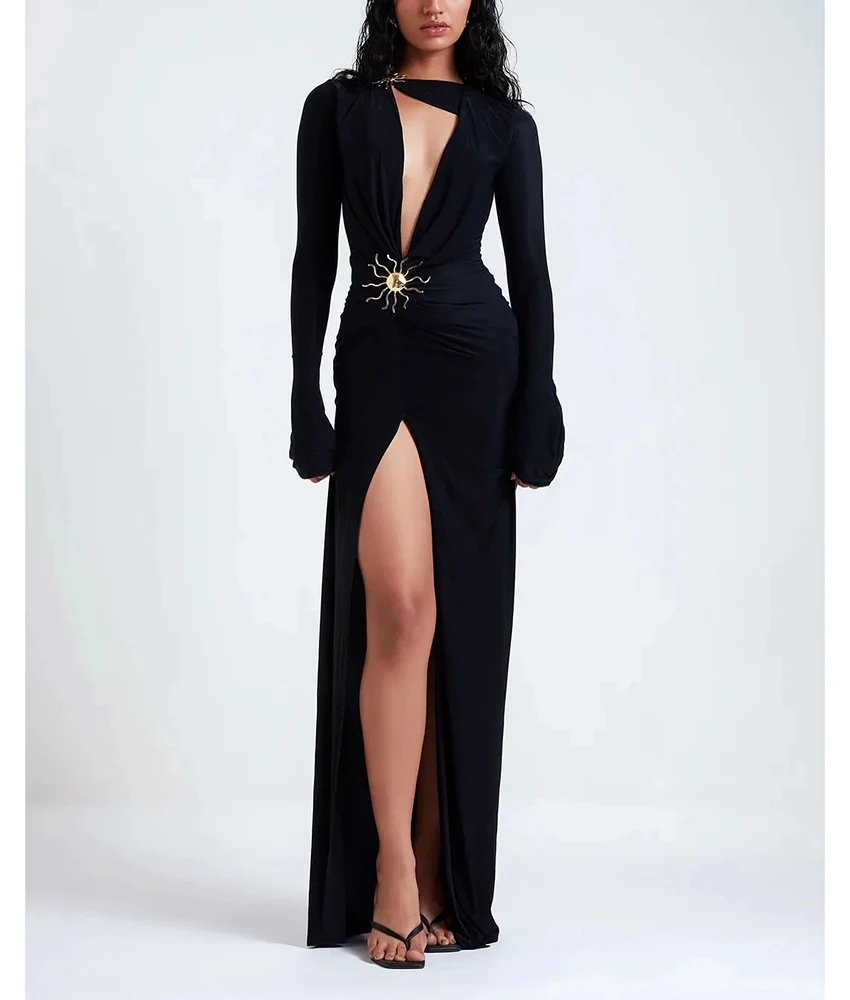 

Customized Sexy Jersey Straight Crystal Evening Dress High Quality Long Sleeves V-Neck Floor Length Bespoke Occasion Gowns