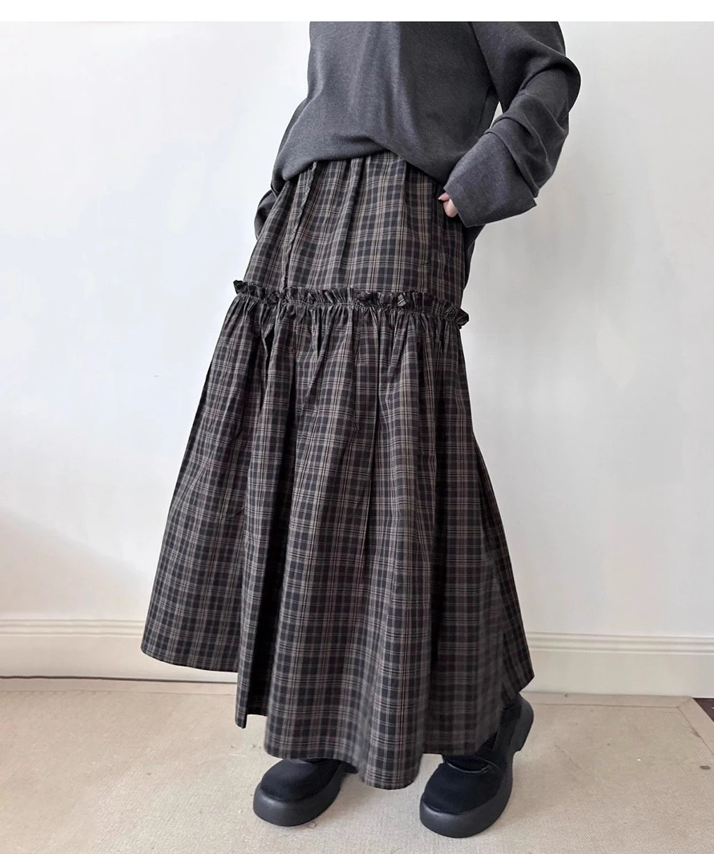 خمر منقوشة مطوي ميدي تنورة المرأة الخريف الشتاء عالية الخصر ألف خط سوينغ تنورة عادية فضفاض الرجعية التنانير الطويلة موضة Stre #3