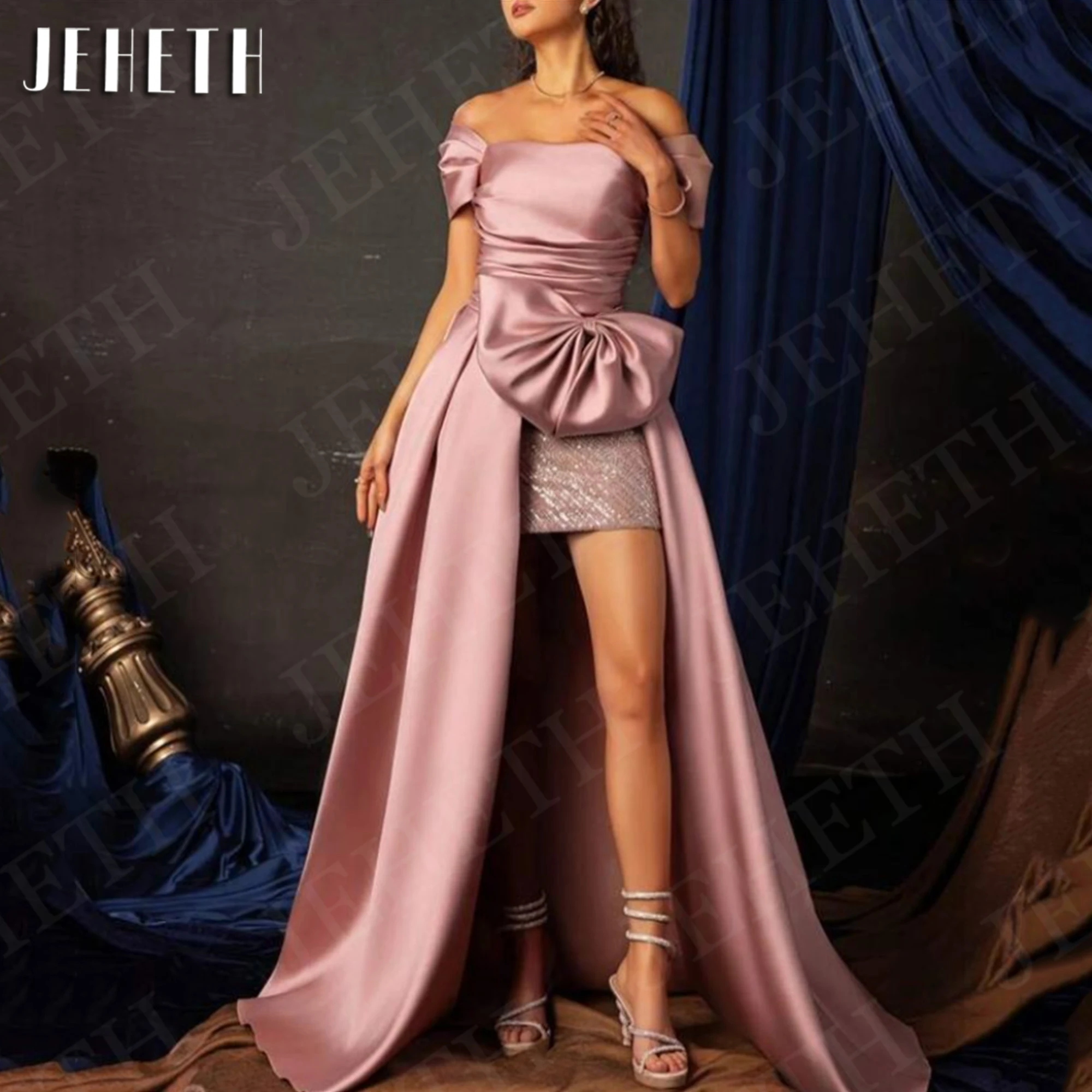 JEHETH Pink Off Shoulder Prom Dresses Woman High Low Satin A Line Formal Evening Party Dress Vestido De Fiesta Elegante De Noche