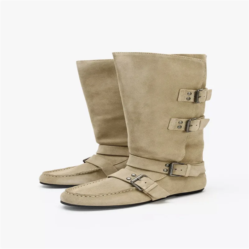

Autumn New Suede Thick-soled Non-slip Mid-calf Boots Womens Brand Buckle Designer Boots Daily Casual High Boots Botas Mujer