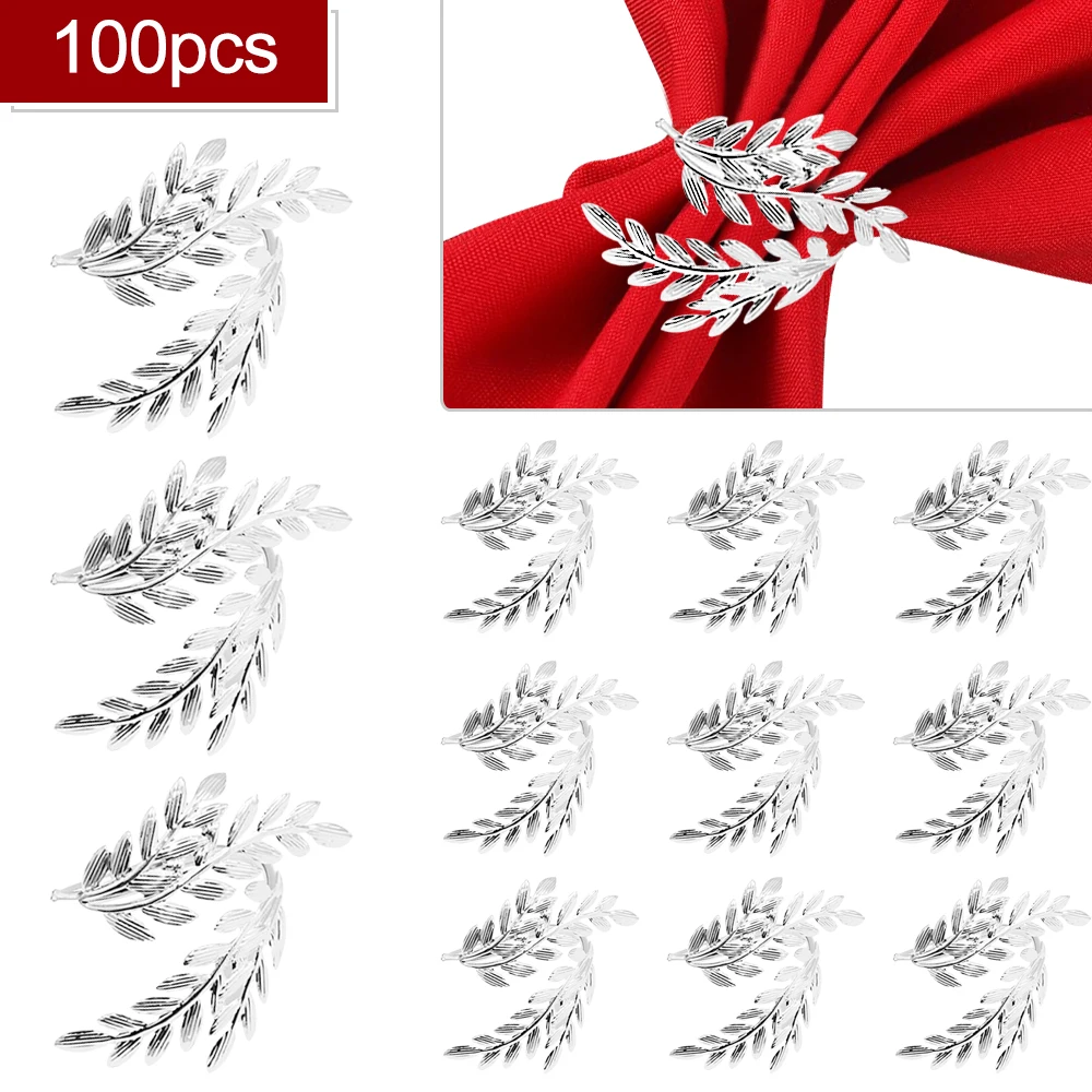 

100Pcs Sliver Wheat Napkin Rings Leaf Napkin Holder Farmhouse Serviette Buckles for Family Gathering Wedding Party Table Decor