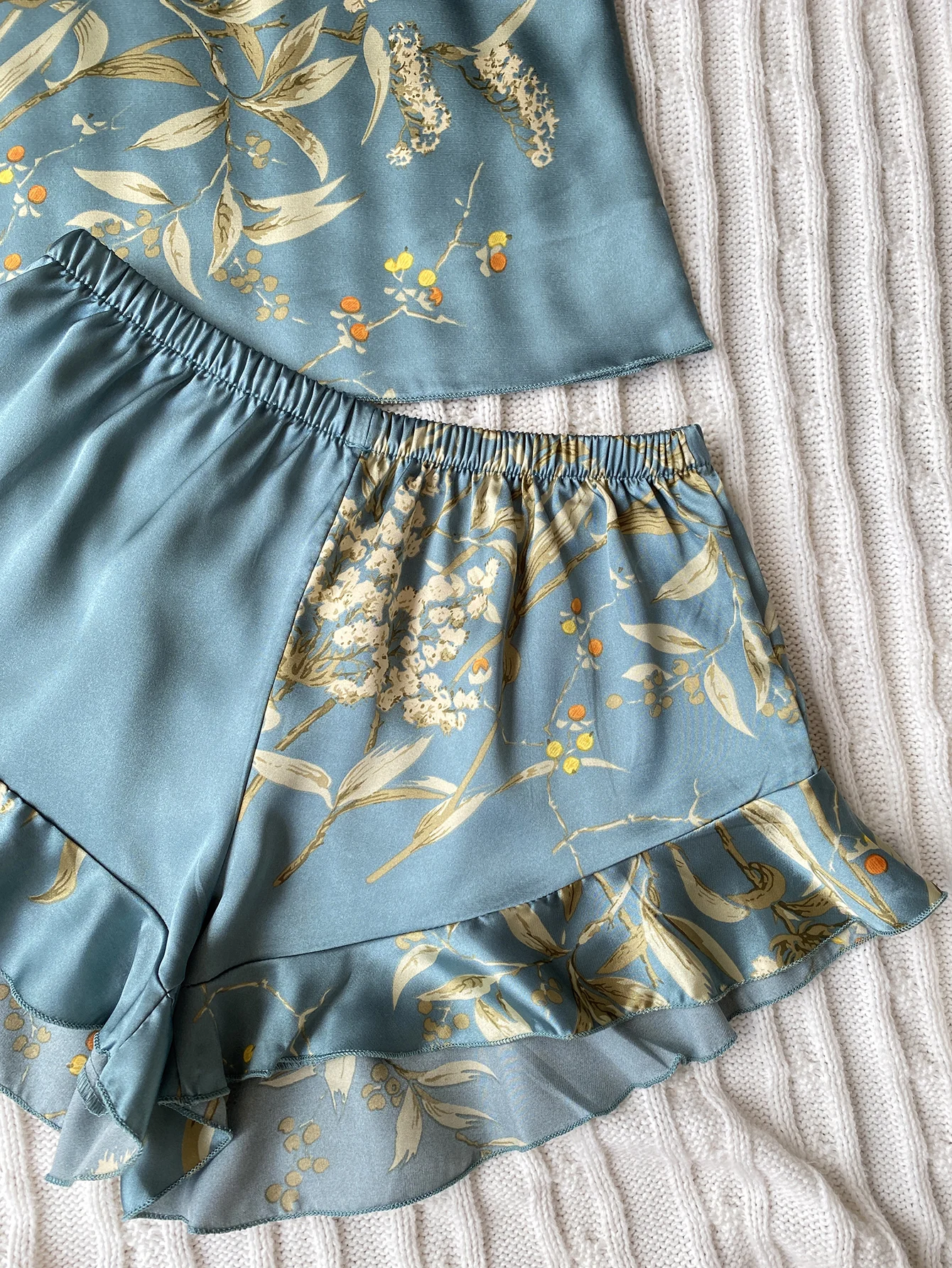 Elegante Cami-Tops mit Blumendruck, Rüschensaum, Shorts, Pyjama-Set, Damen-Nachtwäsche, Loungewear – Detail 5