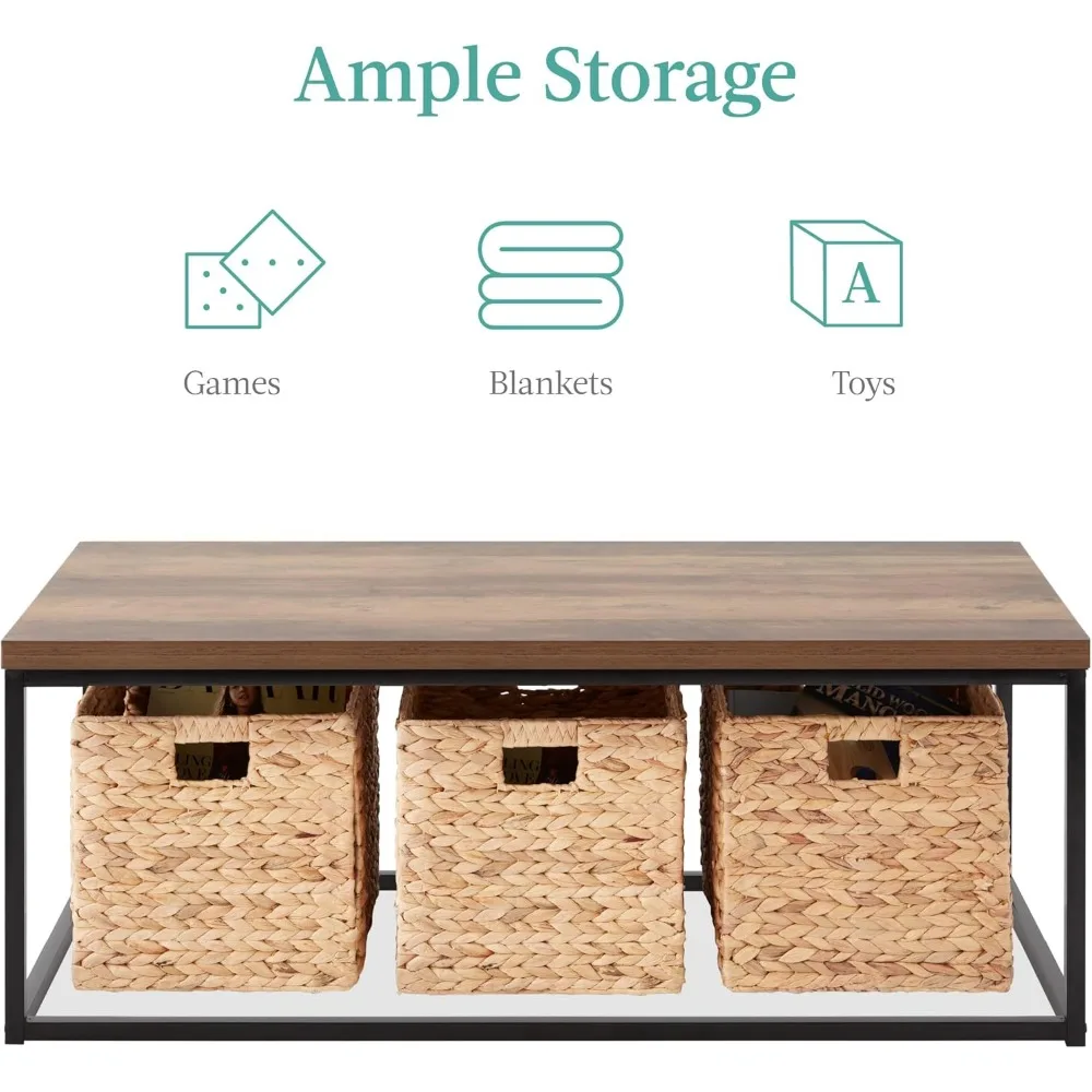 Mesa de centro retangular de grão de madeira estilo industrial de 44 polegadas, mesa de bloco de açougueiro de 1,25 polegadas de espessura, mesas de café