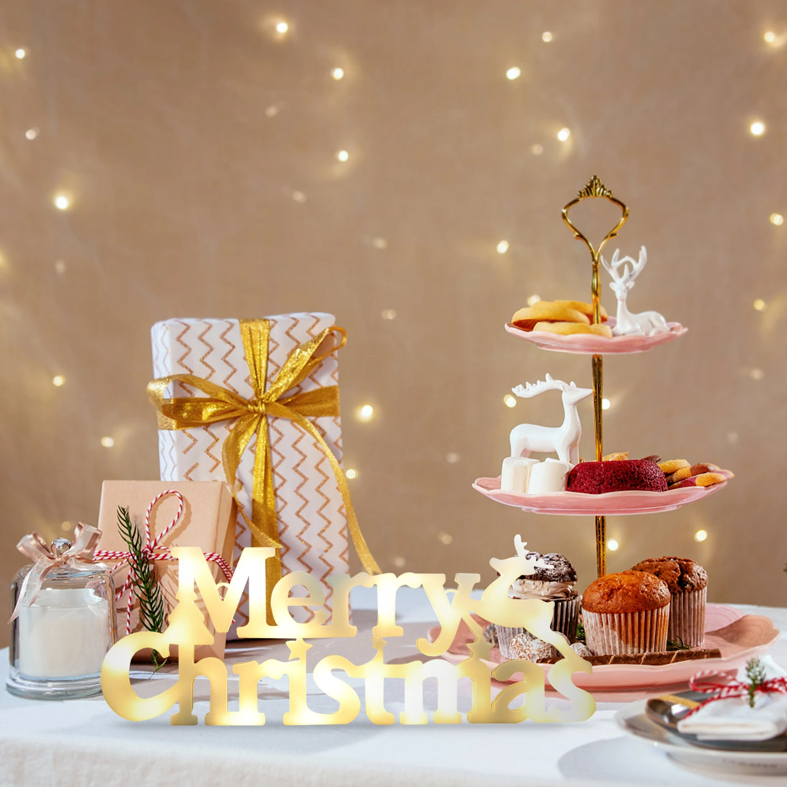 

Merry Alphabet LED Lights Warm White Operated Christmas Decorative Table Centerpiece Xmas Party Decoration Letter
