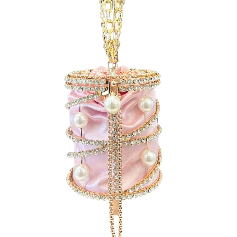 

Metal Cylindrical Luxury Diamond Setting Evening Bag Birdcage Shape Luxury Designer Silk Satin Wedding Party Purse Sac A Main