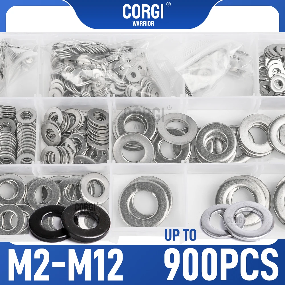 M2 M2.5 M3 M4 M5 M6 M8 M10 M12 Metric Flat Washers Assortment Kit Up To 900 Stainless Steel 304 and Black Carbon Steel Washers